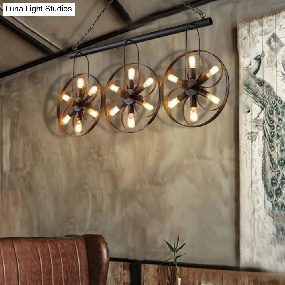 Vintage Black Metal Island Light With 6/18 Bulbs - Elegant Wagon Wheel Pendant For Dining Room