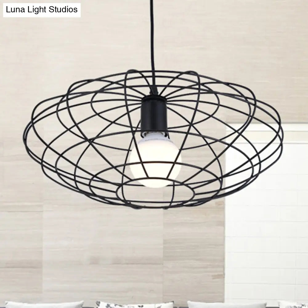 Vintage Black Metal Pendant Lighting - Oval Cage Ceiling Fixture For Living Room