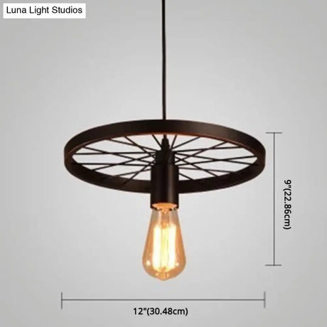 Vintage Black Metal Wagon Wheel Hanging Pendant Light For Coffee Shop Suspension