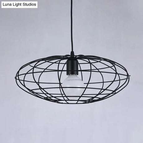 Vintage Black Oval Cage Pendant Light - Metal 1-Light Ceiling Fixture For Living Room