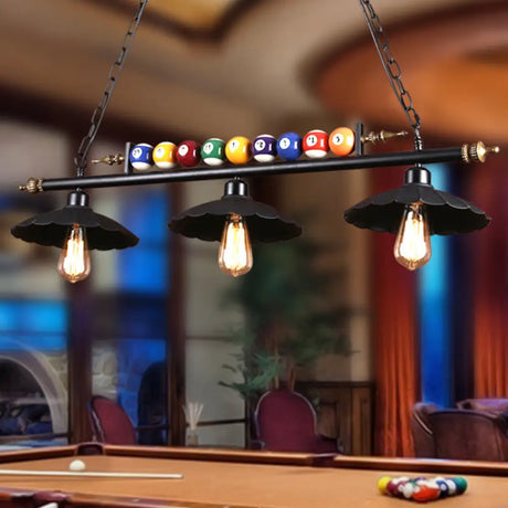 Vintage Black Pool Table Light With Scalloped Design 2/3-Light & Billiard Ball Decoration 3 /