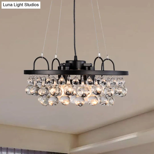 Vintage Black Round Metal Chandelier Light - 4-Light Hanging Fixture With Waterdrop Crystal Drop
