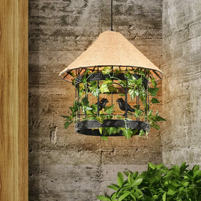 Vintage Black/Rust Finish House Pendant Ceiling Light With Rope Hanging And Flower/Vine Deco -