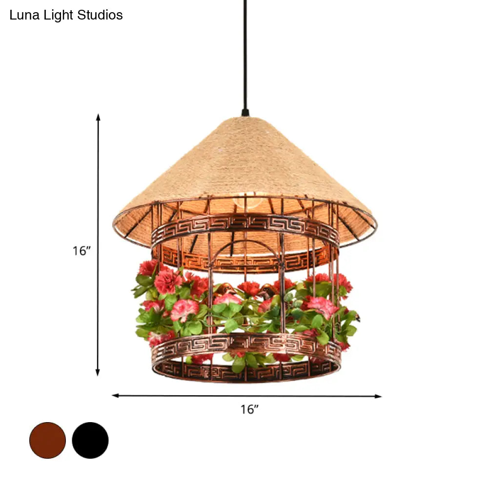 Vintage Black/Rust Finish Rope Pendant Ceiling Light Kit With Flower/Vine Deco - 1-Bulb House