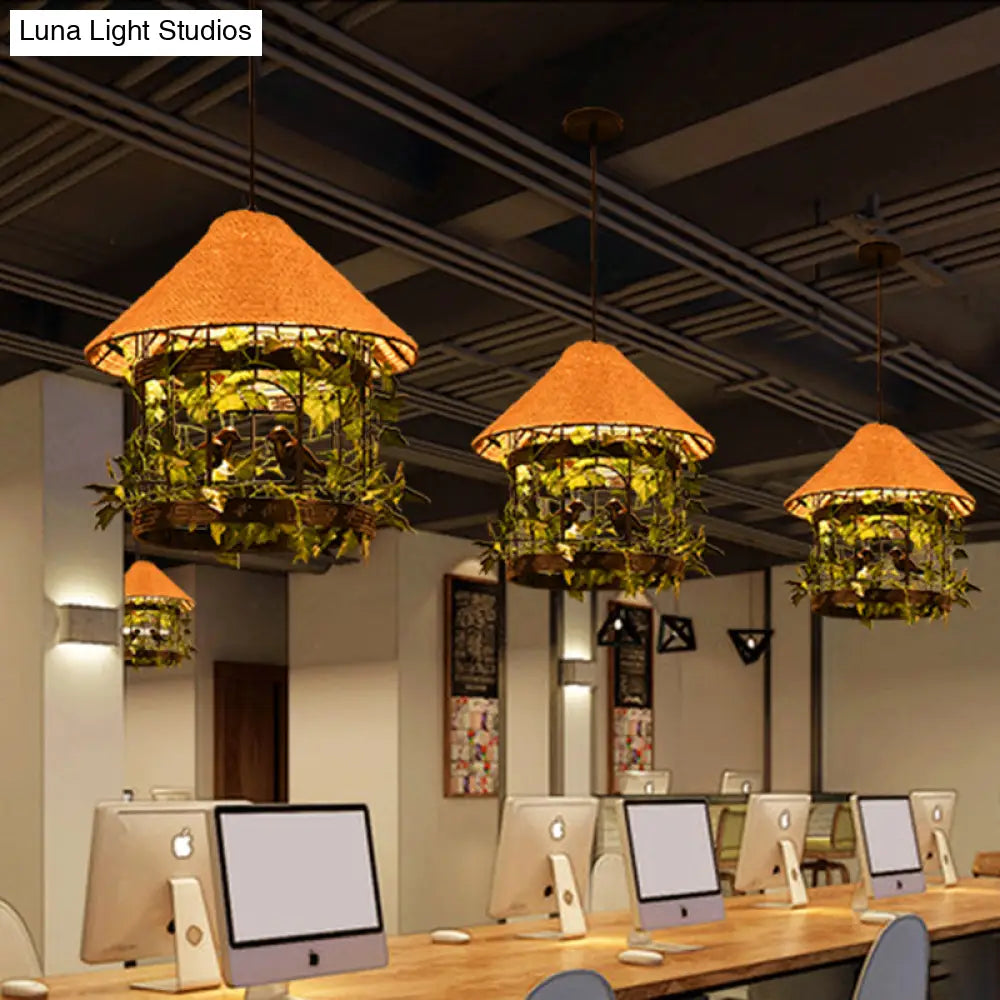 Vintage Black/Rust Finish Rope Pendant Ceiling Light Kit With Flower/Vine Deco - 1-Bulb House