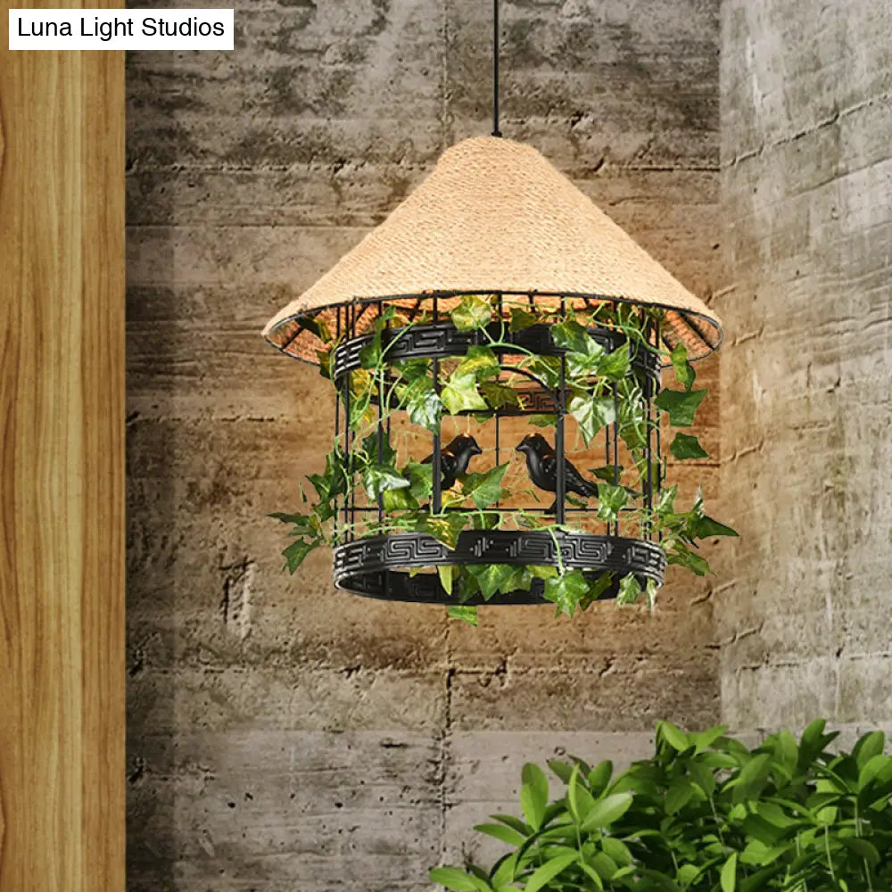 Vintage Black/Rust Finish House Pendant Ceiling Light With Rope Hanging And Flower/Vine Deco -