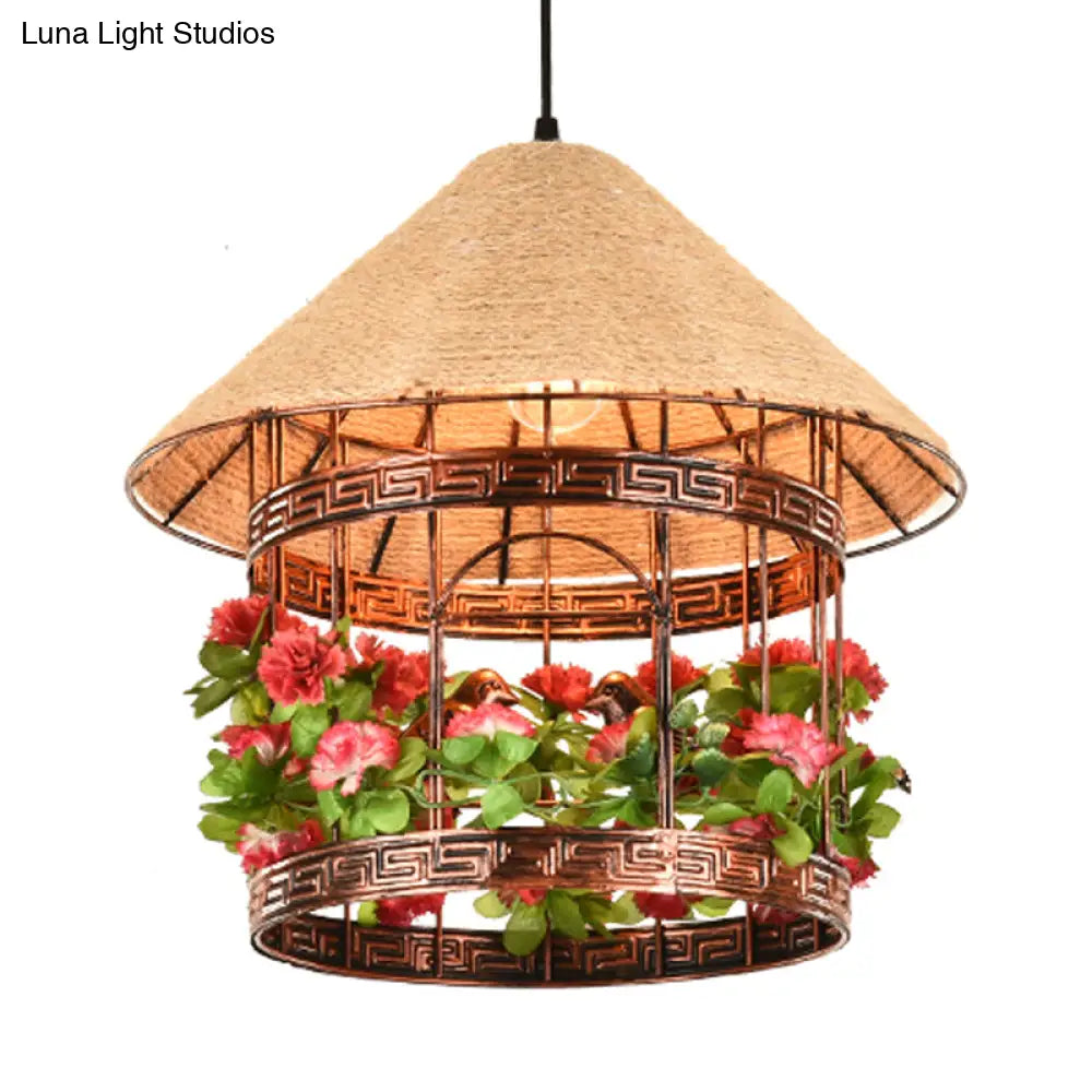 Vintage Black/Rust Finish House Pendant Ceiling Light With Rope Hanging And Flower/Vine Deco -