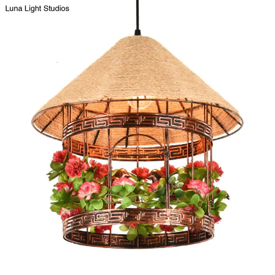 Vintage Black/Rust Finish Rope Pendant Ceiling Light Kit With Flower/Vine Deco - 1-Bulb House