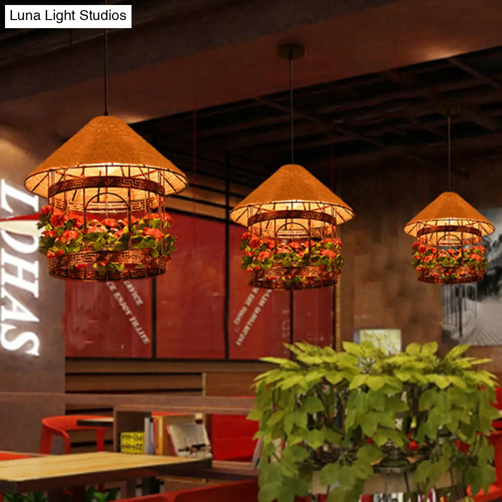 Vintage Black/Rust Finish Rope Pendant Ceiling Light Kit With Flower/Vine Deco - 1-Bulb House