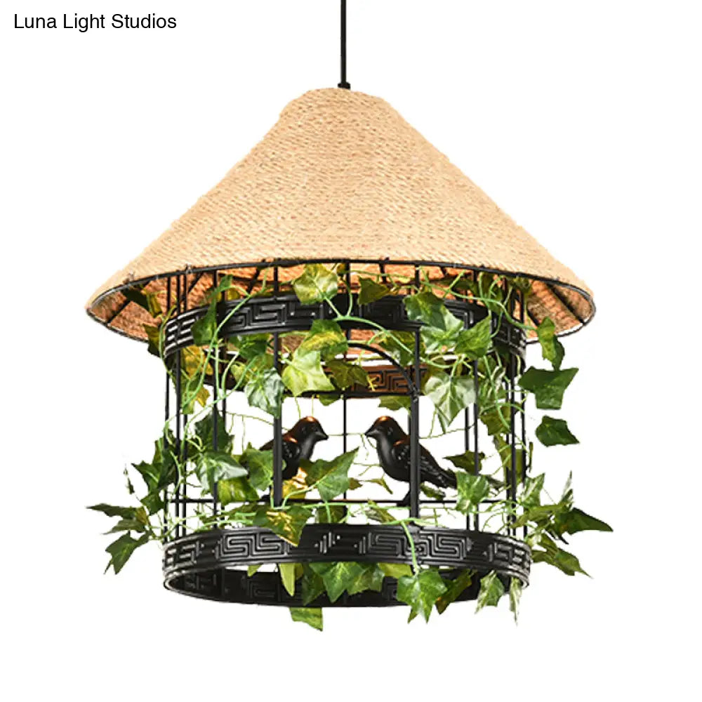 Vintage Black/Rust Finish Rope Pendant Ceiling Light Kit With Flower/Vine Deco - 1-Bulb House