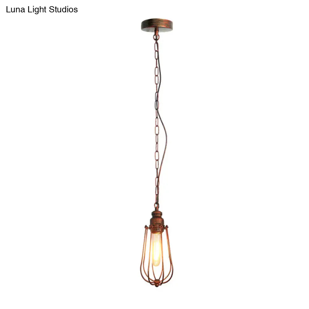 Vintage Black/Rust Pendant Ceiling Lamp With Caged Metal Shade - 1 Light Bedroom Fixture