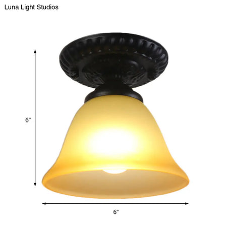 Vintage Black Semi Flush Ceiling Light With Bell Shade Opal/Amber Glass - Ideal For Living Room