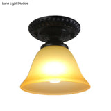 Vintage Black Semi Flush Ceiling Light With Bell Shade Opal/Amber Glass - Ideal For Living Room