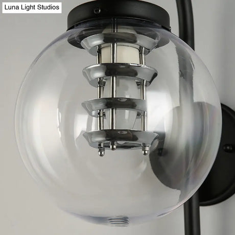 Vintage Black/Stainless-Steel Clear Glass Wall Lamp With Gooseneck For Bedroom - 1-Light Globe