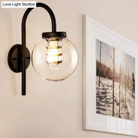 Vintage Black/Stainless-Steel Clear Glass Wall Lamp With Gooseneck For Bedroom - 1-Light Globe