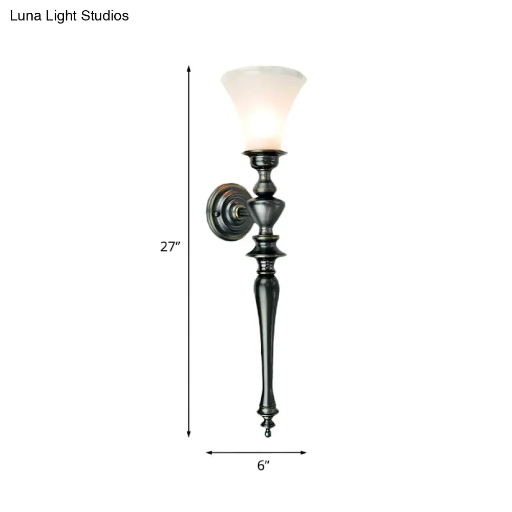 Vintage Black Wall Mount Sconce Light Fixture With Tapered Milky Glass Bulb