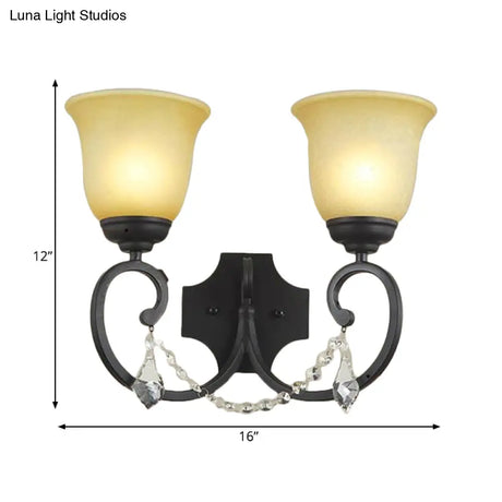 Vintage Black Wall Mounted Sconce Light With Amber Glass Shade - 2-Light Corridor Lamp