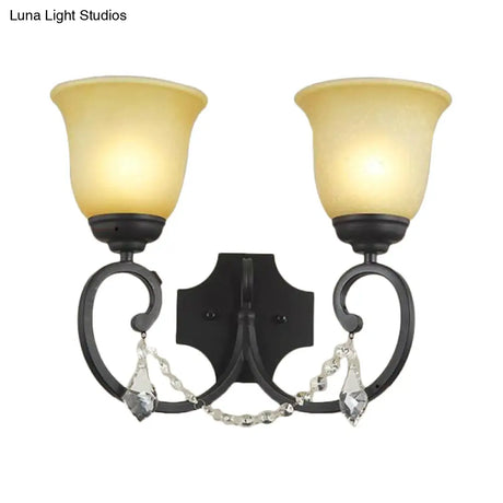 Vintage Black Wall Mounted Sconce Light With Amber Glass Shade - 2-Light Corridor Lamp