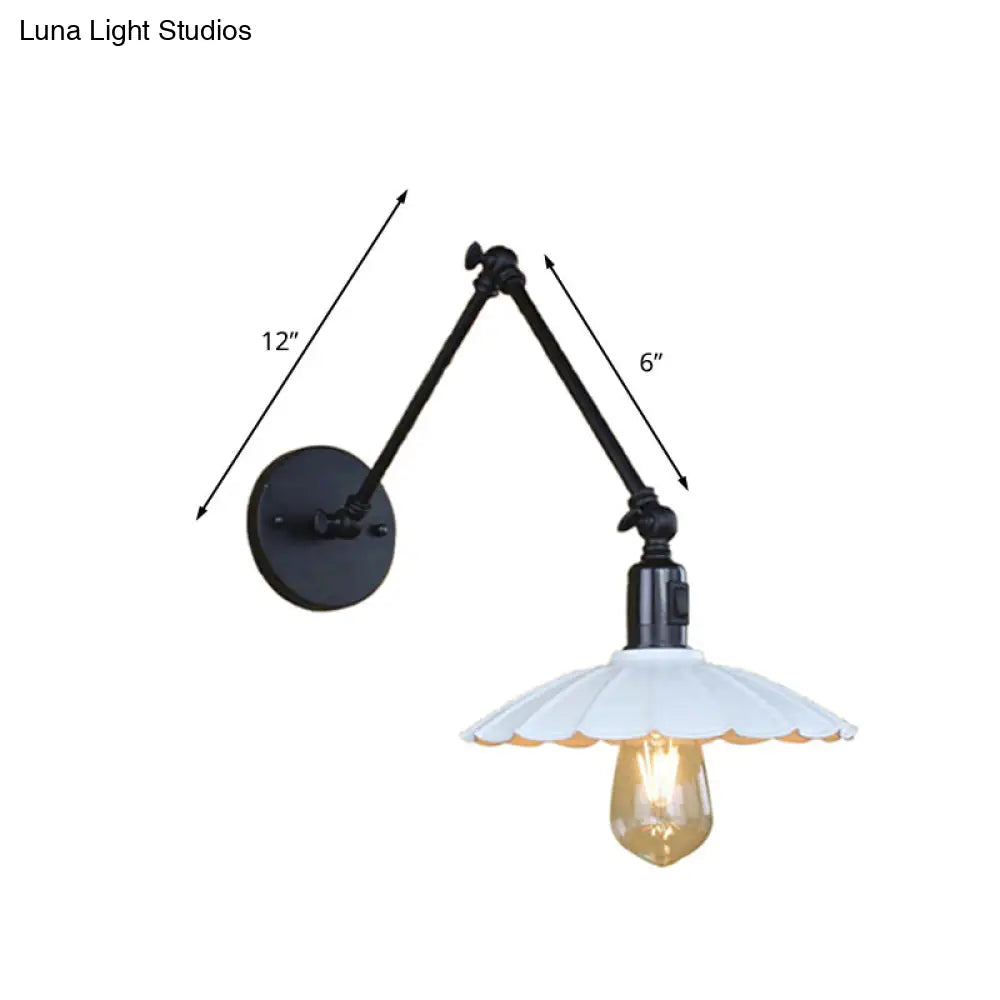 Vintage Black/White Scalloped Wall Sconce With Swing Arm - Stylish Metal Design For Living Room