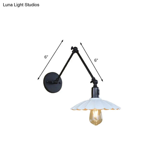 Vintage Black/White Scalloped Wall Sconce With Swing Arm - Stylish Metal Design For Living Room