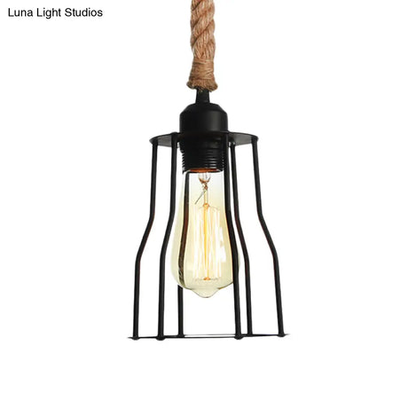 Vintage Black Wire Cage Pendant Light With Rope Cord - Dining Room Hanging Lamp