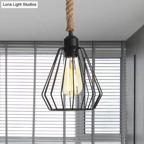 Vintage Black Wire Cage Pendant Light With Rope Cord - Dining Room Hanging Lamp