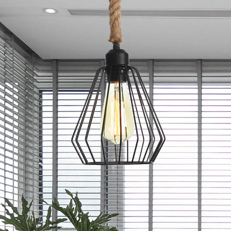 Vintage Black Wire Cage Pendant Light With Rope Cord - Dining Room Hanging Lamp / B