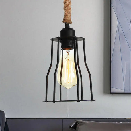 Vintage Black Wire Cage Pendant Light With Rope Cord - Dining Room Hanging Lamp / C