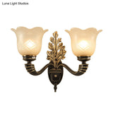 Vintage Blossom Carved Glass Wall Sconce In Black For Living Room - Half-Light Fixture With Curved