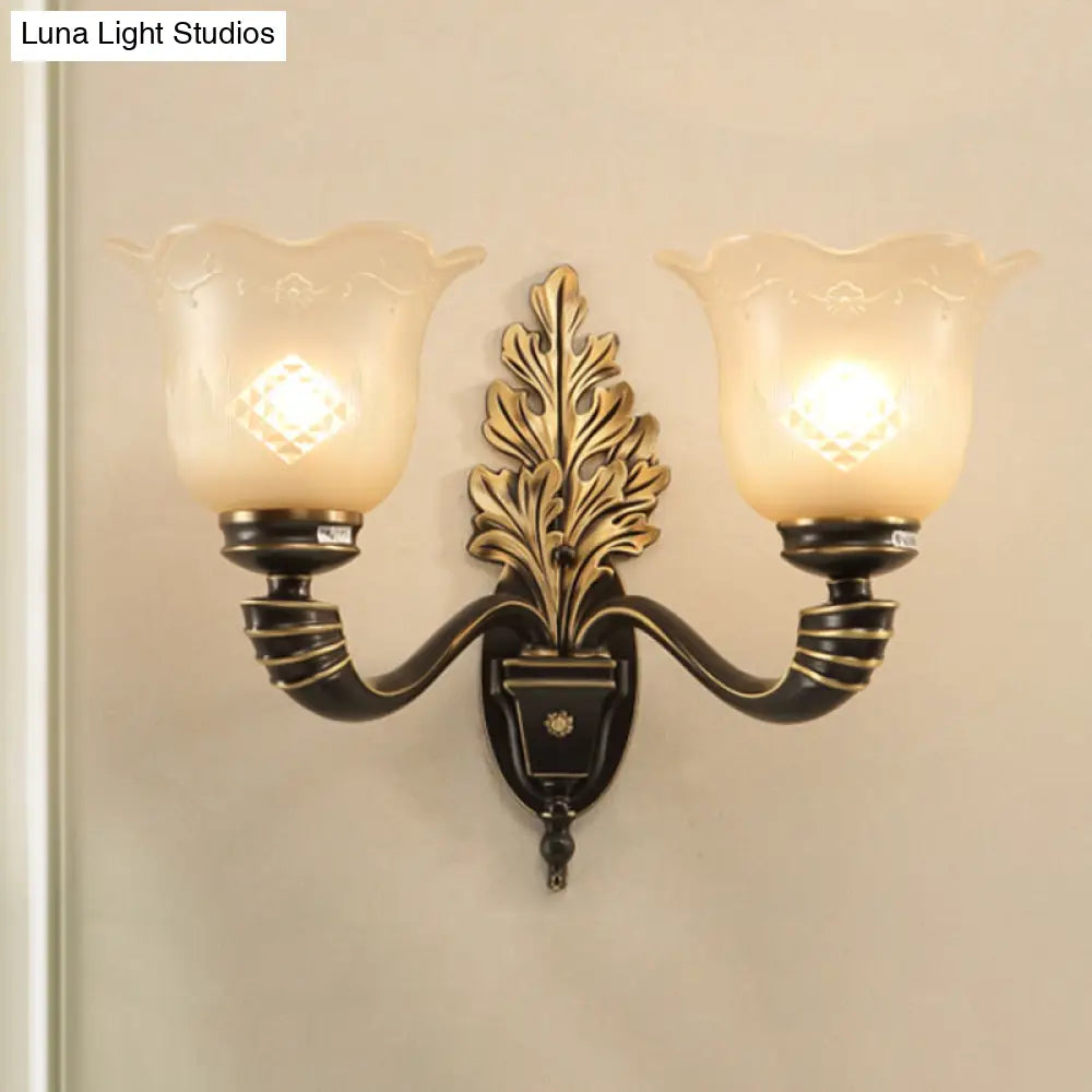 Vintage Blossom Carved Glass Wall Sconce In Black For Living Room - Half-Light Fixture With Curved