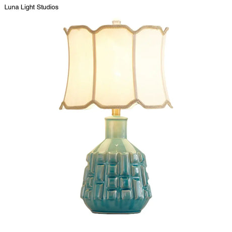 Vintage Blue Bell/Drum Table Lamp With Scalloped Fabric Shade - Ceramic Base For Parlor Nightstand