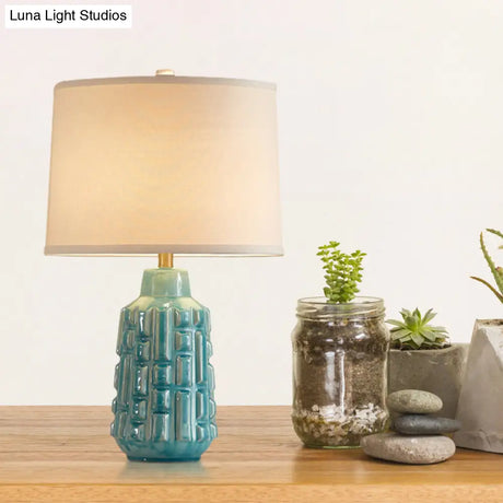 Vintage Blue Bell/Drum Table Lamp With Scalloped Fabric Shade - Ceramic Base For Parlor Nightstand