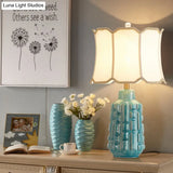 Vintage Blue Bell/Drum Table Lamp With Scalloped Fabric Shade - Ceramic Base For Parlor Nightstand