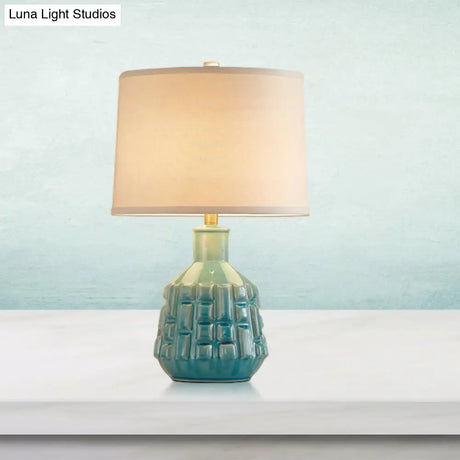 Vintage Blue Bell/Drum Table Lamp With Scalloped Fabric Shade - Ceramic Base For Parlor Nightstand