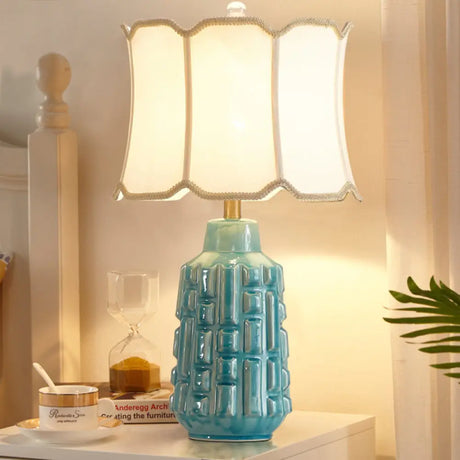 Vintage Blue Bell/Drum Table Lamp With Scalloped Fabric Shade - Ceramic Base For Parlor Nightstand /