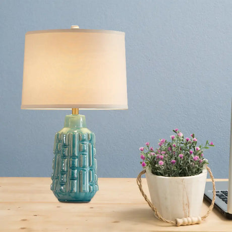 Vintage Blue Bell/Drum Table Lamp With Scalloped Fabric Shade - Ceramic Base For Parlor Nightstand /