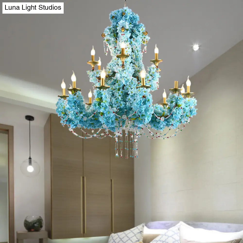 Vintage Metal Blue Candelabra Led Chandelier With Crystal Accent - 12 Lights For Restaurants &