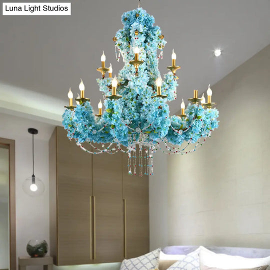Vintage Metal Blue Candelabra Led Chandelier With Crystal Accent - 12 Lights For Restaurants &