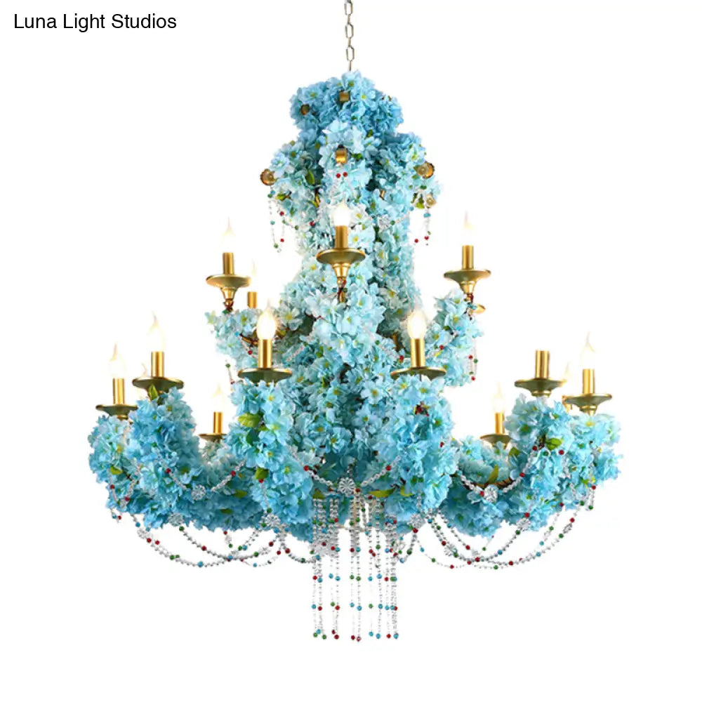 Vintage Blue Candelabra Led Chandelier Light With Crystal Accent - Metal 12 Lights Ideal For