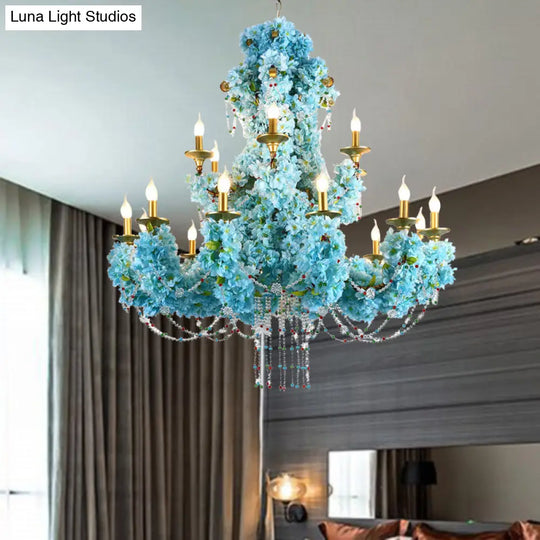 Vintage Blue Candelabra Led Chandelier Light With Crystal Accent - Metal 12 Lights Ideal For