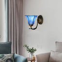 Vintage Blue Glass Bell Wall Sconce With 1 Gooseneck Light - Indoor Lighting / A