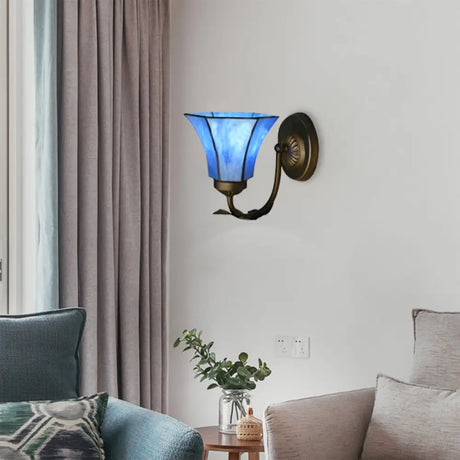 Vintage Blue Glass Bell Wall Sconce With 1 Gooseneck Light - Indoor Lighting / A