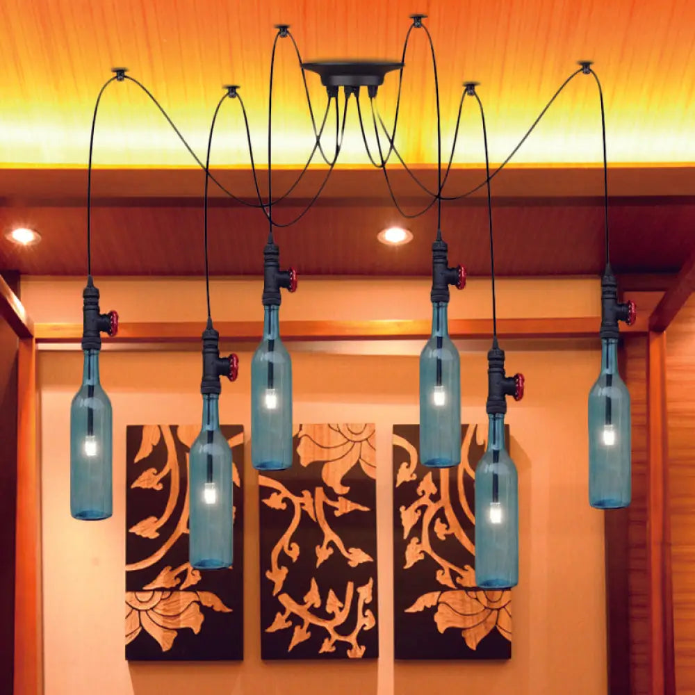 Vintage Blue Glass Black Swag Cluster Pendant Light With Hanging Lamp Kit - Suitable For Restaurants