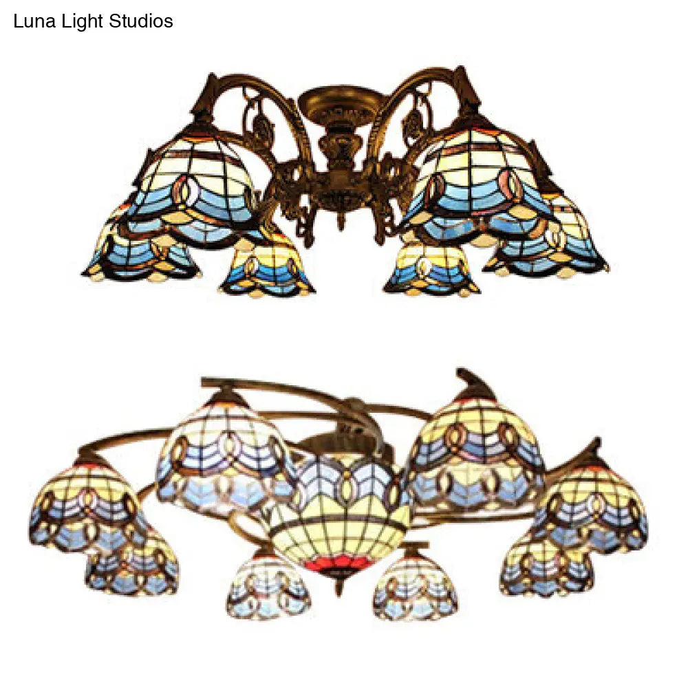 Vintage Blue Glass Tiffany Semi Flush Ceiling Light With 6/9 Baroque Design Lights - Ideal For