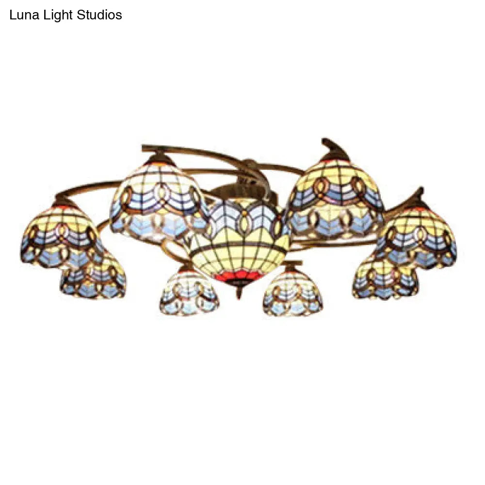 Vintage Blue Glass Tiffany Semi Flush Ceiling Light With 6/9 Baroque Design Lights - Ideal For