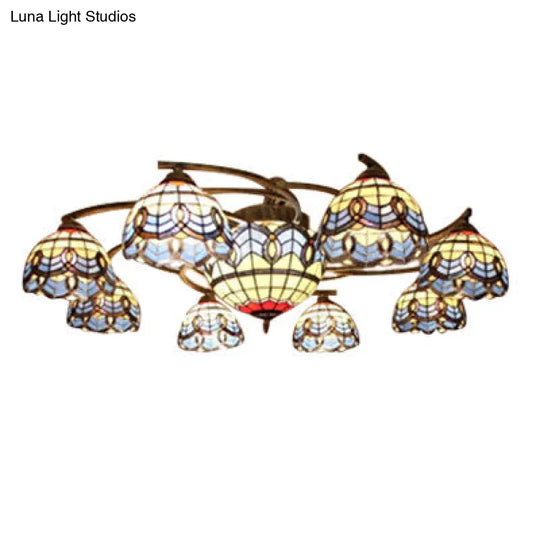 Vintage Blue Glass Tiffany Semi Flush Ceiling Light With 6/9 Baroque Design Lights - Ideal For