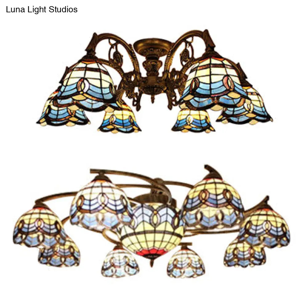 Vintage Blue Glass Tiffany Semi Flush Ceiling Light With 6/9 Baroque Design Lights - Ideal For