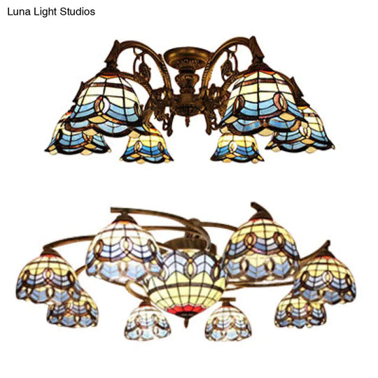 Vintage Blue Glass Tiffany Semi Flush Ceiling Light With 6/9 Baroque Design Lights - Ideal For