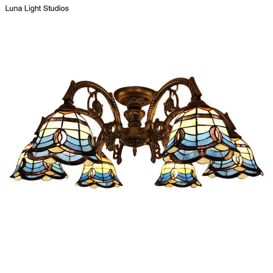 Vintage Blue Glass Tiffany Semi Flush Ceiling Light With 6/9 Baroque Design Lights - Ideal For