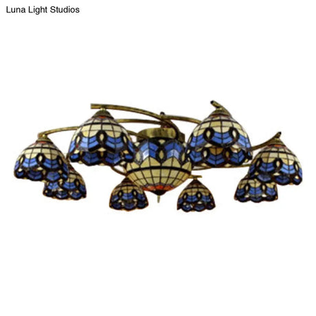 Vintage Blue Glass Tiffany Semi Flush Ceiling Light With 6/9 Baroque Design Lights - Ideal For